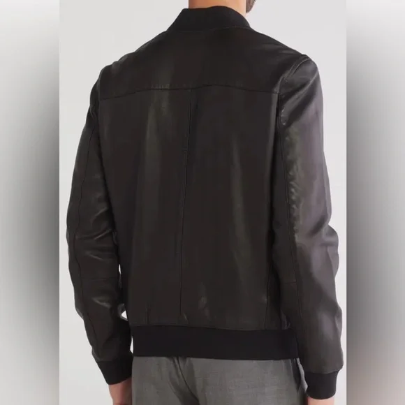 All Saints Niko Black Leather Bomber Jacket Sz L